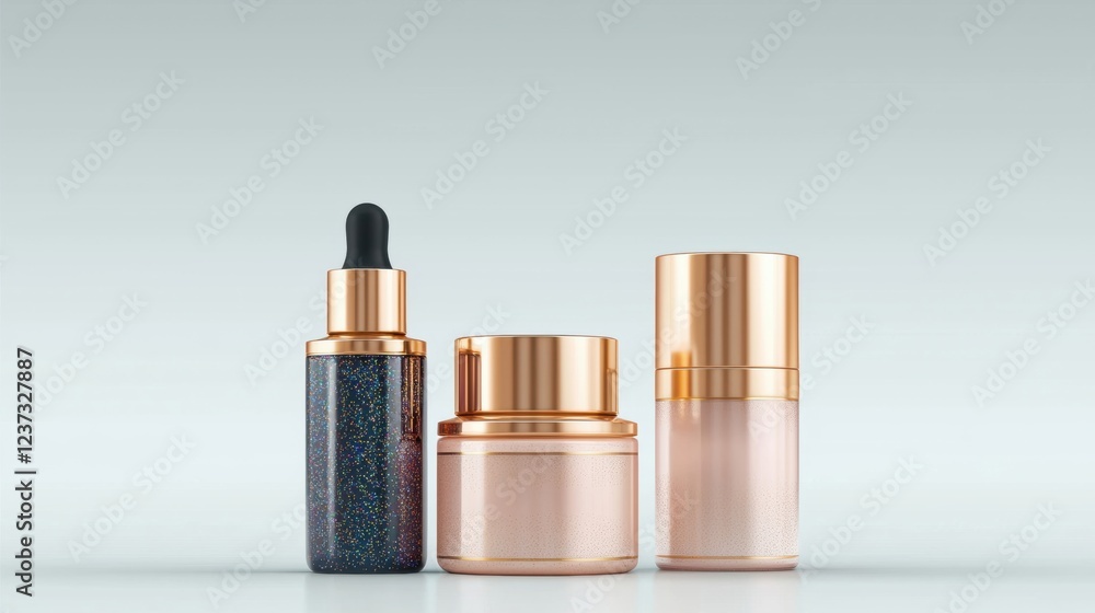 Obraz premium Three elegant skincare products with golden accents, featuring a dropper bottle, a cream jar, and a serum, set against a soft, neutral background.