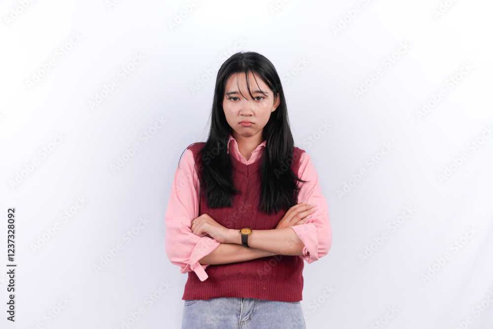 Indonesian Asian woman with long black hair is hugging herself Indonesian Asian woman with long black hair is hugging herself