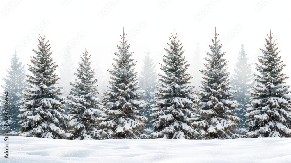 Snow-covered pine trees stand tall against a white background. AI generative. . Snow-covered pine trees stand tall against a white background. AI generative. .