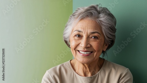 Charming elderly woman with a bright smile and vibrant energy. photo