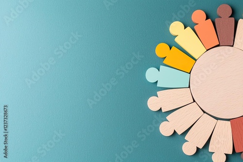 Colorful wooden figures in a circle arrangement, representing community and unity, on a teal background.