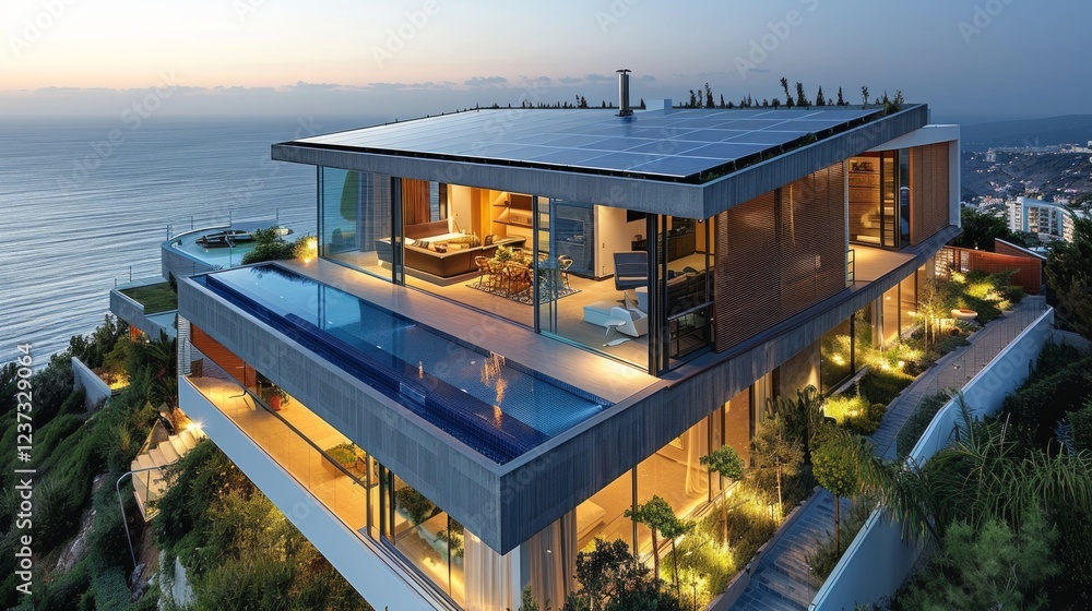 Fototapeta premium Modern house with infinity pool overlooking the ocean at dusk. AI generative. .