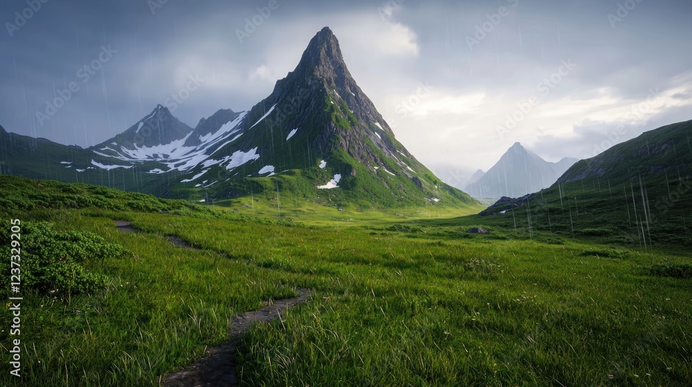 Fototapeta premium Rain Over Lush Green Valley And Dramatic Mountain Peak