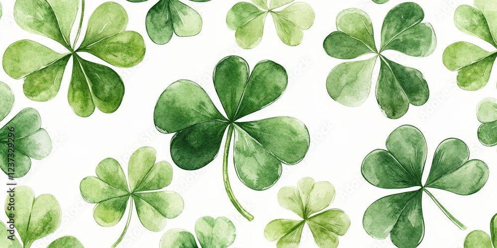 A seamless pattern of watercolor-style green clovers on a white background. Perfect for St. Patrick's Day designs, festive prints, wallpapers, and digital art. A seamless pattern of watercolor-style green clovers on a white background. Perfect for St. Patrick's Day designs, festive prints, wallpapers, and digital art.