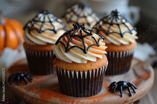 Halloween cupcakes with black icing spiderwebs, orange frosting, and spiders. AI generative. . photo