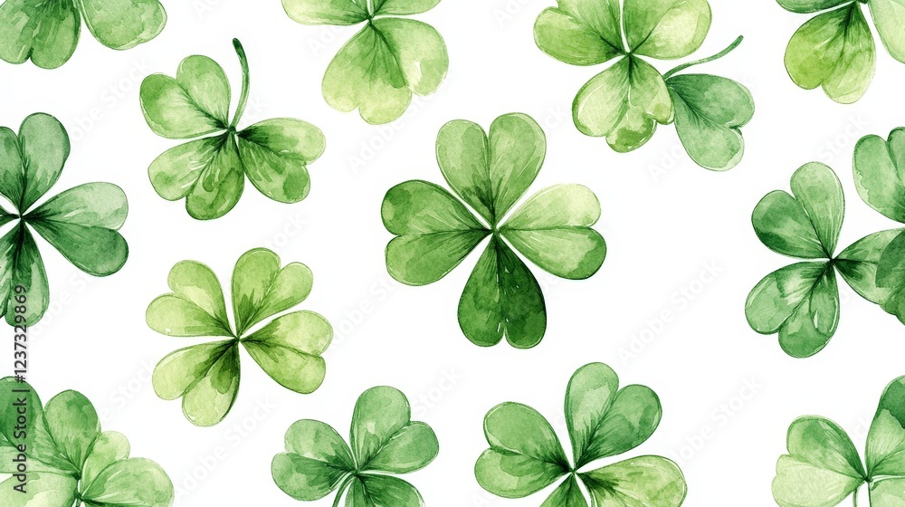 A seamless pattern of watercolor-style green clovers on a white background. Perfect for St. Patrick's Day designs, festive prints, wallpapers, and digital art. A seamless pattern of watercolor-style green clovers on a white background. Perfect for St. Patrick's Day designs, festive prints, wallpapers, and digital art.