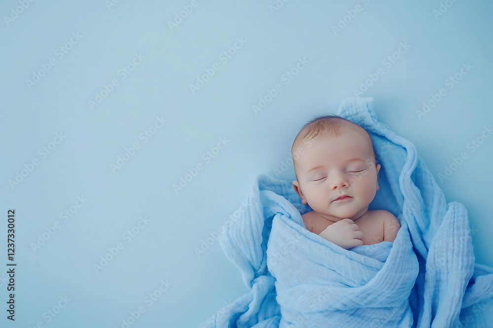 Newborn baby peacefully sleeping wrapped in a soft blue blanket with copy space and a serene pastel background, symbolizing innocence, comfort, and tranquility
