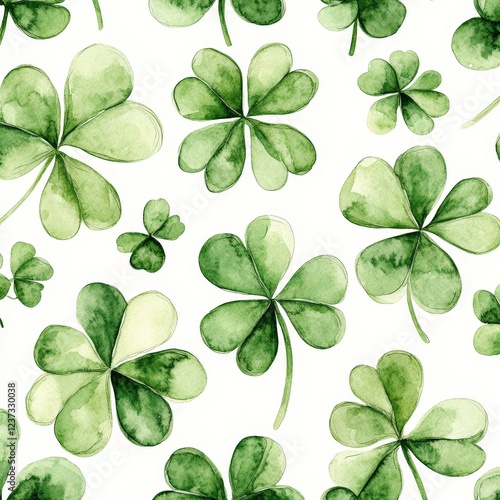A seamless pattern of watercolor-style green clovers on a white background. Perfect for St. Patrick's Day designs, festive prints, wallpapers, and digital art.