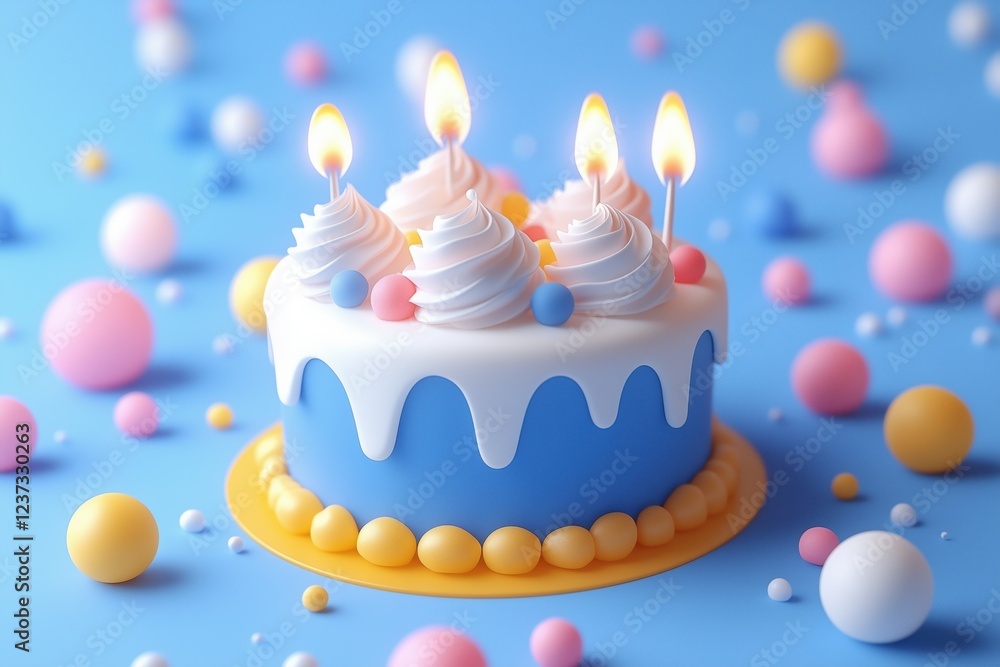 A colorful birthday cake with four lit candles, topped with swirls of frosting and decorative balls, set against a blue background with scattered pastel spheres. 3d rendering. A colorful birthday cake with four lit candles, topped with swirls of frosting and decorative balls, set against a blue background with scattered pastel spheres. 3d rendering.