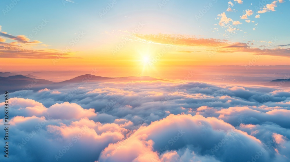 Obraz premium Golden sunset over fluffy clouds and distant mountains. AI generative. .