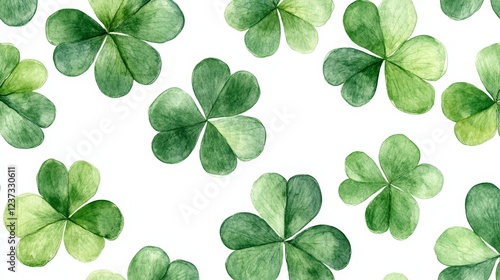 A seamless pattern of watercolor-style green clovers on a white background. Perfect for St. Patrick's Day designs, festive prints, wallpapers, and digital art.
