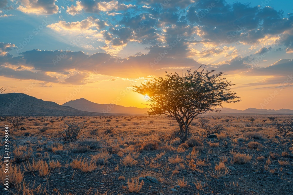 A lone tree stands in a desert landscape at sunset with mountains in the distance. AI generative. . A lone tree stands in a desert landscape at sunset with mountains in the distance. AI generative. .