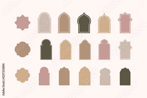 Collection of oriental style Islamic windows and arches with modern boho design, moon, mosque dome and lanterns. Shape Islamic door and window silhouette Arabic arch.
