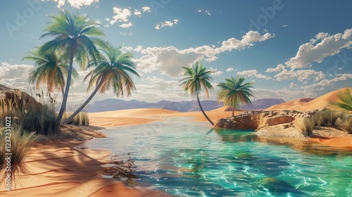 Desert Oasis with Palm Trees, Crystal-Clear Pool, and Sand Dunes Under a Scorching Sun. AI generated illustration.