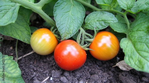 Tomatoes ripening under optimal greenhouse conditions on neatly supported vines photo