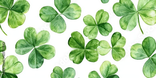 A seamless pattern of watercolor-style green clovers on a white background. Perfect for St. Patrick's Day designs, festive prints, wallpapers, and digital art.