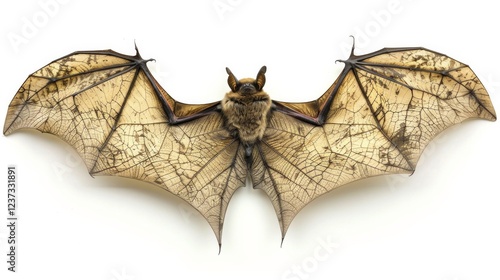 A bat with detailed, translucent wings spread wide against a white background. AI generative. . photo