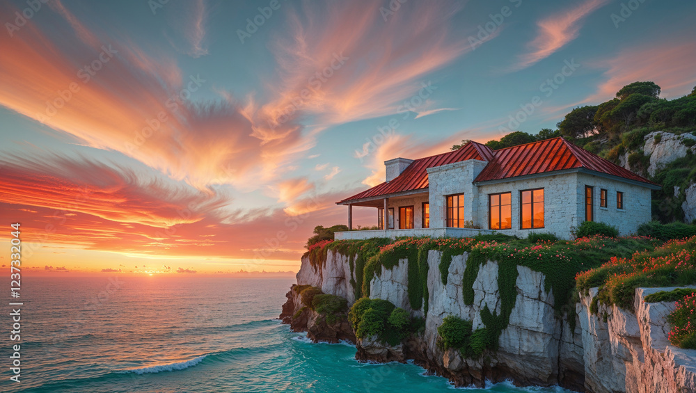Fototapeta premium Oceanfront Cliffside House Sunset Luxury Real Estate