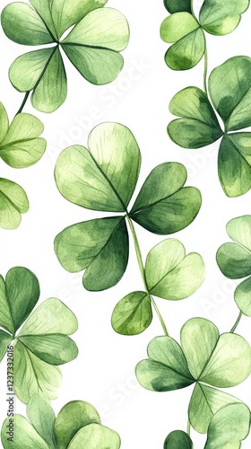 A seamless pattern of watercolor-style green clovers on a white background. Perfect for St. Patrick's Day designs, festive prints, wallpapers, and digital art.