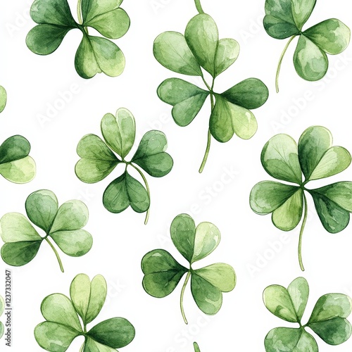 A seamless pattern of watercolor-style green clovers on a white background. Perfect for St. Patrick's Day designs, festive prints, wallpapers, and digital art.