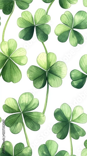 A seamless pattern of watercolor-style green clovers on a white background. Perfect for St. Patrick's Day designs, festive prints, wallpapers, and digital art.