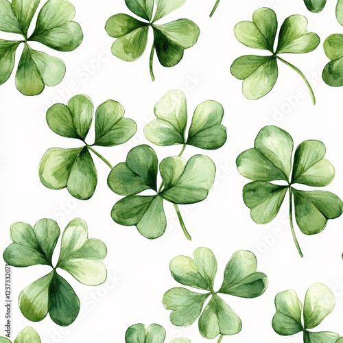 A seamless pattern of watercolor-style green clovers on a white background. Perfect for St. Patrick's Day designs, festive prints, wallpapers, and digital art.