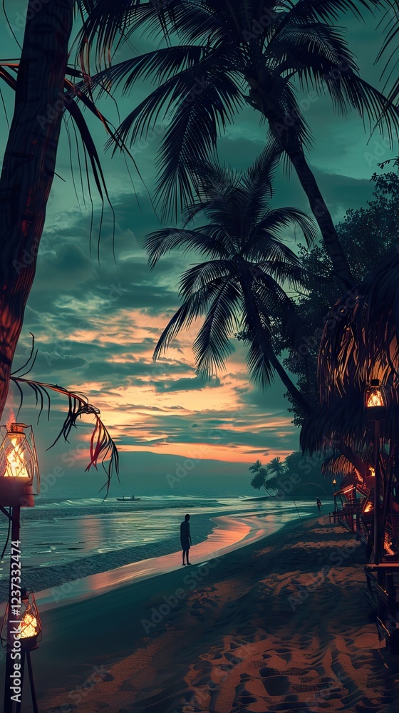 Tropical Beach at Dusk with Lit Torches. AI generated illustration