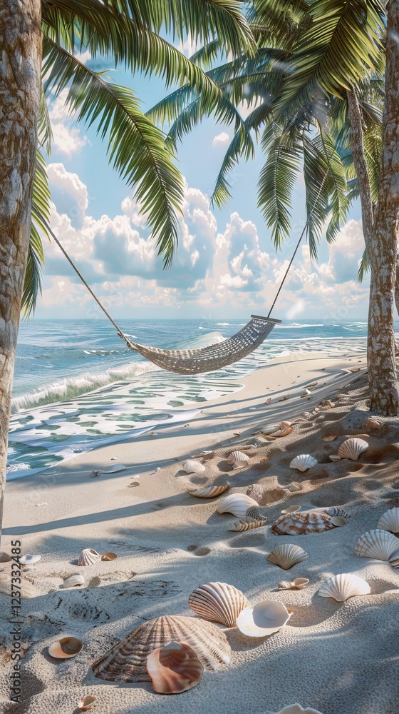 Tropical Beach with a Hammock Tied Between Trees. AI generated illustration