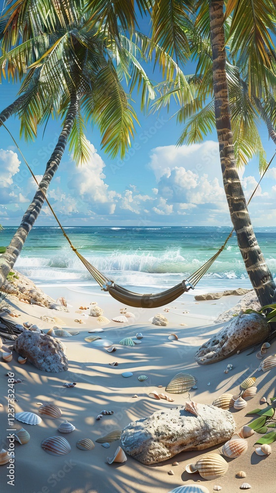 Tropical Beach with a Hammock Tied Between Trees. AI generated illustration