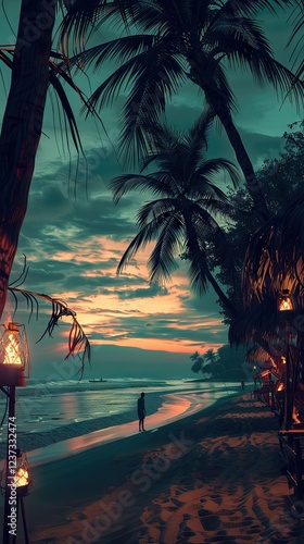 Obraz na płótnie Tropical Beach at Dusk with Lit Torches. AI generated illustration w salonie