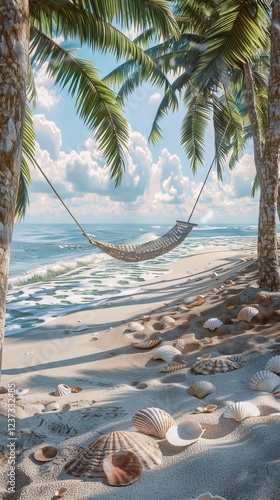 Obraz na płótnie Tropical Beach with a Hammock Tied Between Trees. AI generated illustration w salonie