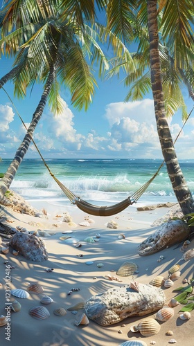 Obraz na płótnie Tropical Beach with a Hammock Tied Between Trees. AI generated illustration w salonie
