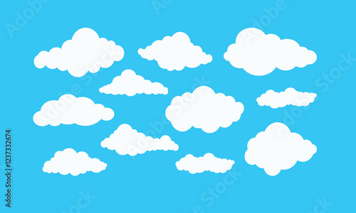 Flat cloud. Simple cloudy shapes. Cartoon white puffy, fluffy and cumulus clouds in blue sky. Abstract comic weather elements. Objects cloudscape for game. Vector collection.
