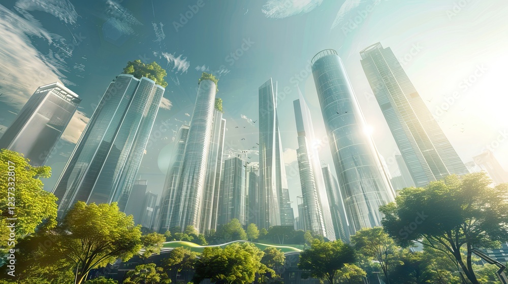 Green skyscraper building with plants in city ecology and green living in downtown, urban environment concept. AI generated illustration