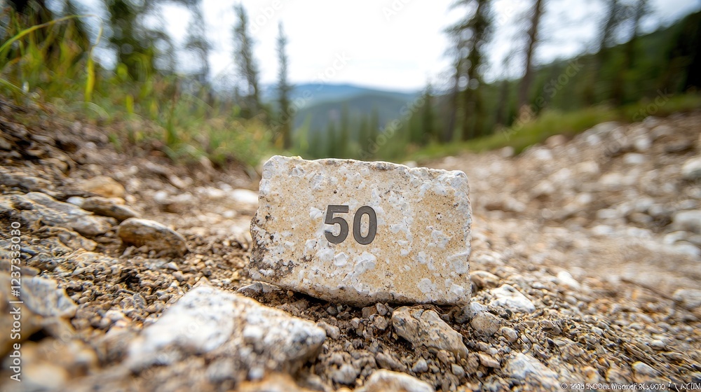 Mountain bike trail marker 50, forest background Mountain bike trail marker 50, forest background