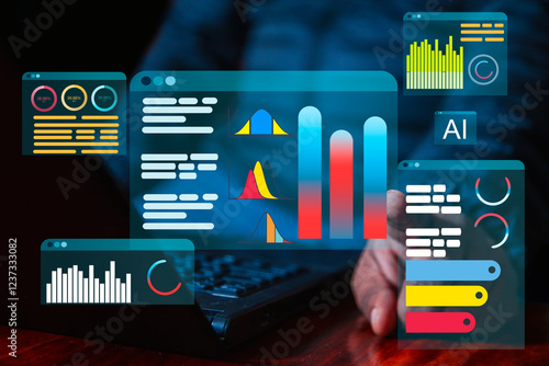 Businessman working on a laptop with a holographic interface for big data analytics, artificial intelligence, data management, and strategic decision making. Enhancing efficiency, driving innovation