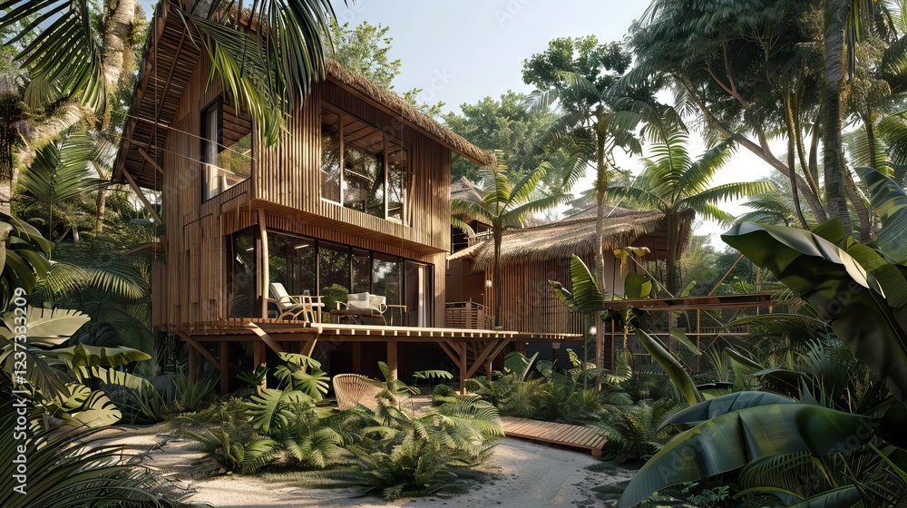 Relax on a wooden deck by a natural pool, under a clear sky, with ocean views and a cozy gazebo. AI generated illustration