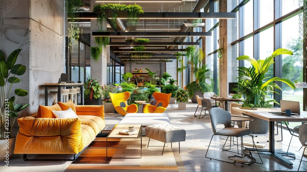 Industrial style of living room design with green wall, 3d render. AI generated illustration