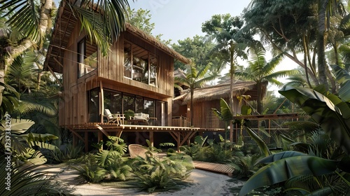 Obraz na płótnie Relax on a wooden deck by a natural pool, under a clear sky, with ocean views and a cozy gazebo. AI generated illustration w salonie