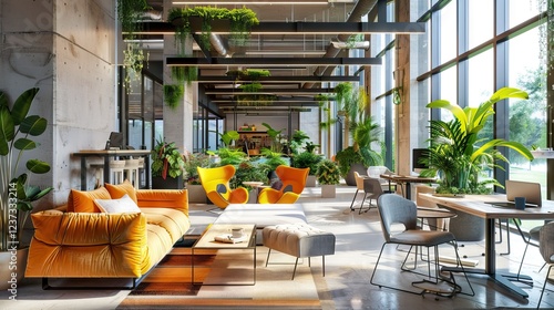 Obraz na płótnie Industrial style of living room design with green wall, 3d render. AI generated illustration w salonie