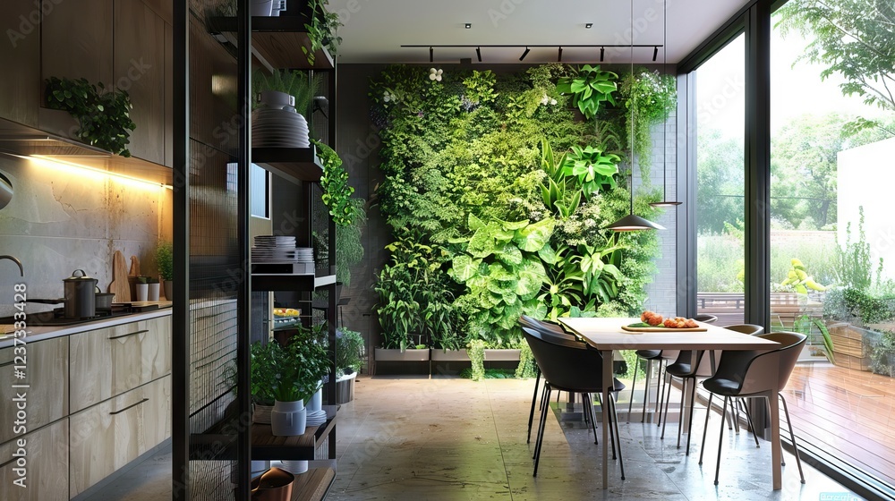 Modern living room with vertical garden,sofa and wooden door - 3d rendering. AI generated illustration