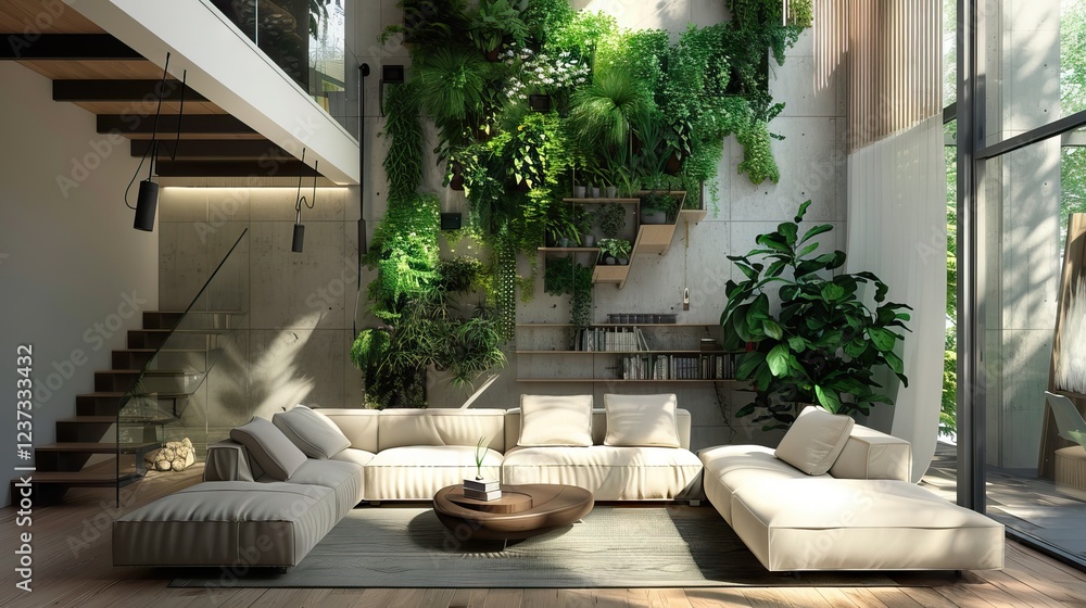 Modern living room with vertical garden,sofa and wooden door - 3d rendering. AI generated illustration