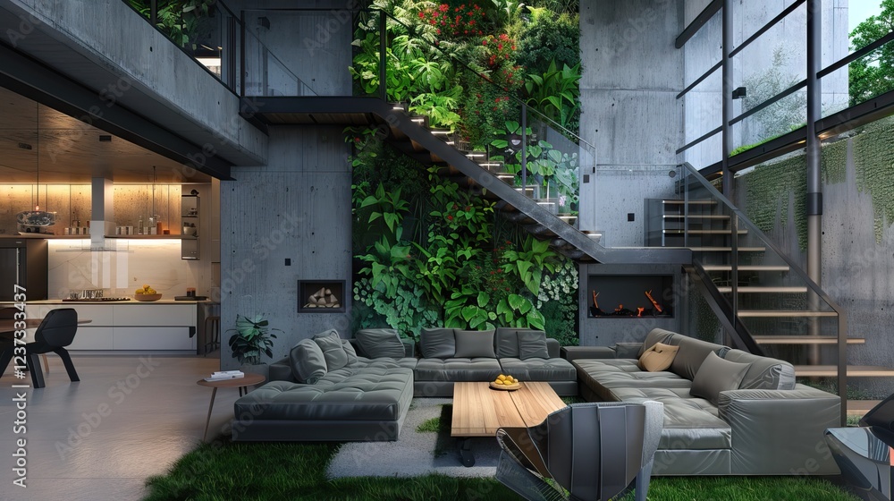 Modern living room with vertical garden,sofa and wooden door - 3d rendering. AI generated illustration