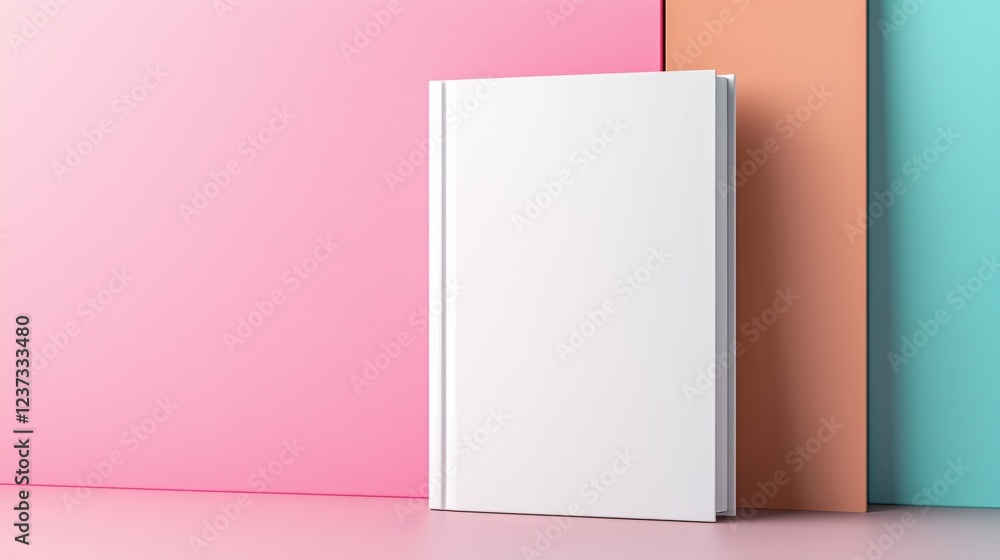 Blank white book standing vertically against vibrant pink, orange, and turquoise background, highlighting book cover design and reading inspiration Blank white book standing vertically against vibrant pink, orange, and turquoise background, highlighting book cover design and reading inspiration