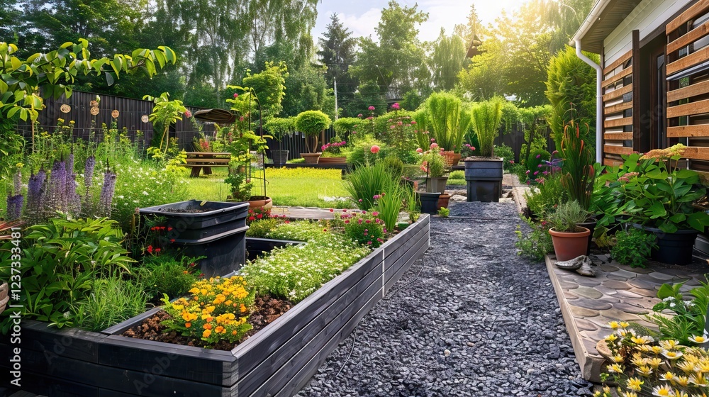 community allotment gardens in summer. AI generated illustration