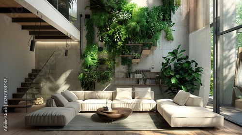 Obraz na płótnie Modern living room with vertical garden,sofa and wooden door - 3d rendering. AI generated illustration w salonie