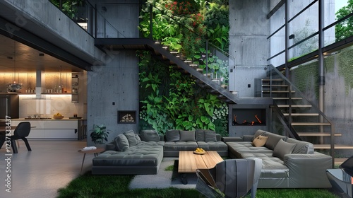 Obraz na płótnie Modern living room with vertical garden,sofa and wooden door - 3d rendering. AI generated illustration w salonie