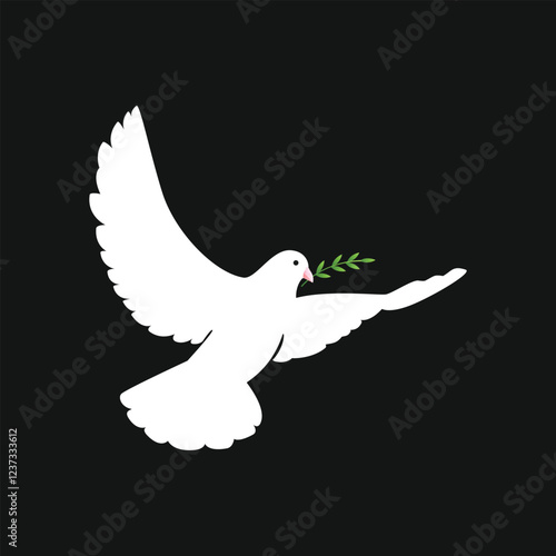 Set of flying dove silhouettes or Pigeons with olive branch set love and peace symbols on a black background. International Day Of Peace.