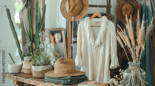 Different spring and winter clothing on hangers in a retail shop. Fashion and shopping concept. AI generated illustration