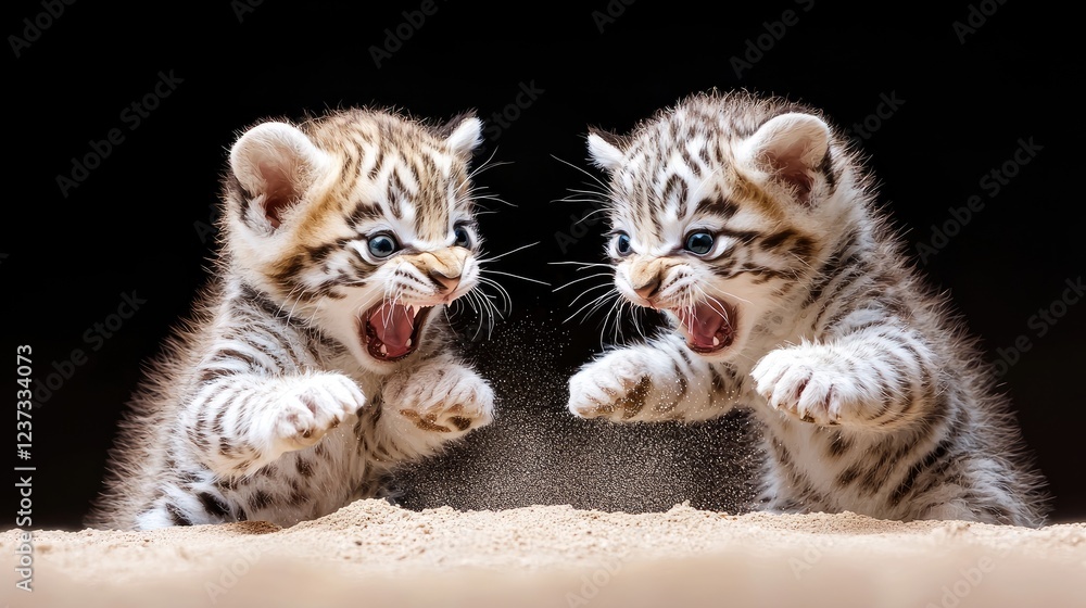 Obraz premium Playful Bengal kittens fighting on sand, black background, pet photography